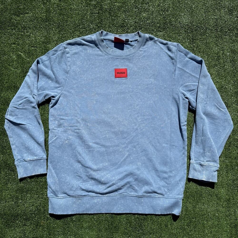HUGO Hugo Boss Red Label Men’s Large Blue Acid Wash Crewneck Sweatshirt Logo EUC